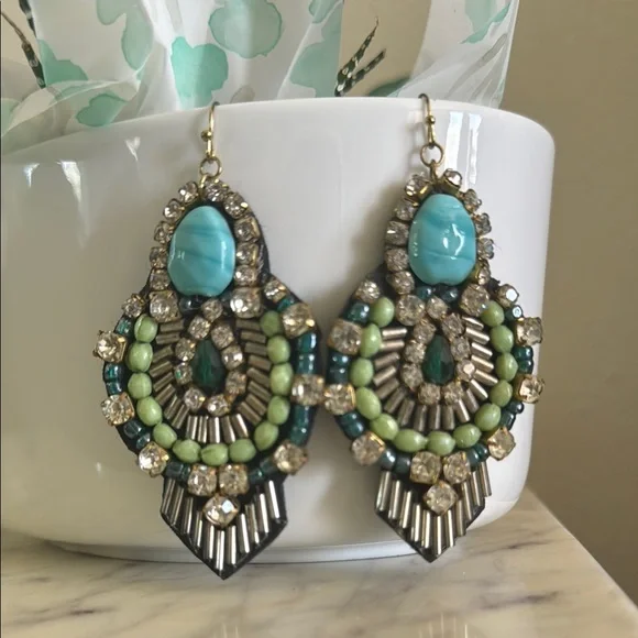 Anthropologie Elegant Turquoise and Green Statement Earrings - Picture 2 of 13
